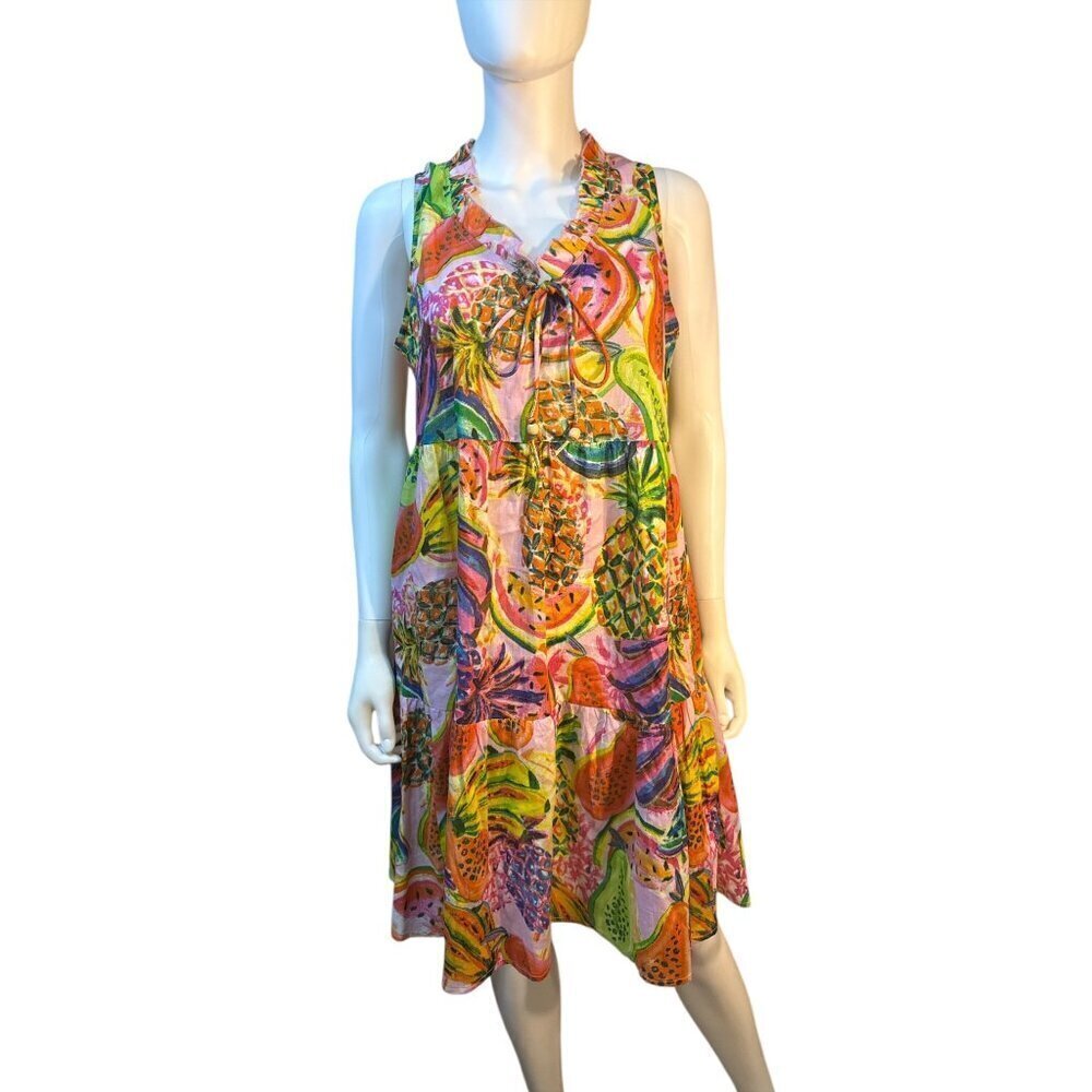 True Destinations Colorful Sleeveless Tropical Fruit Print Dress Size M EUC